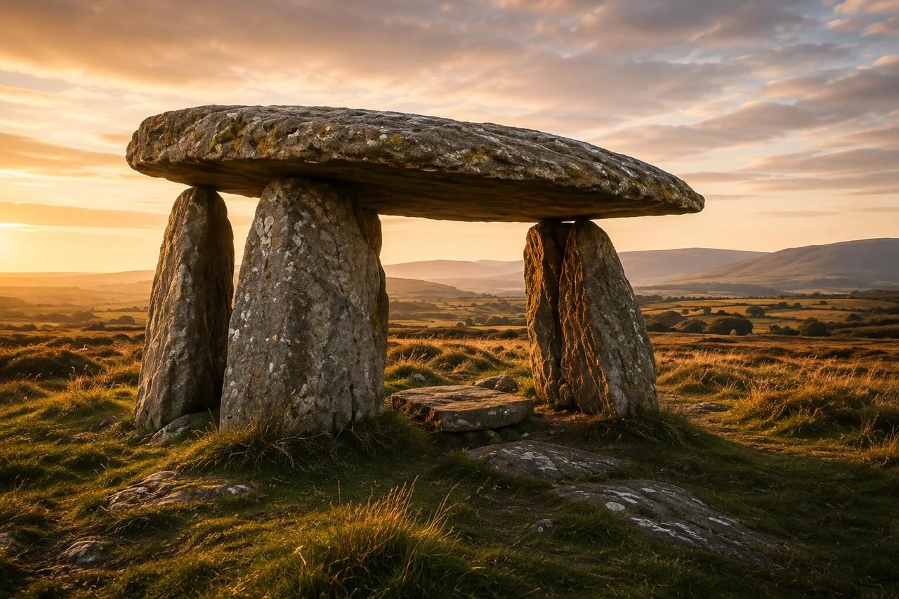 Dolmen : plusieurs pierres dressées portent une même dalle, dans la lumière du soir
