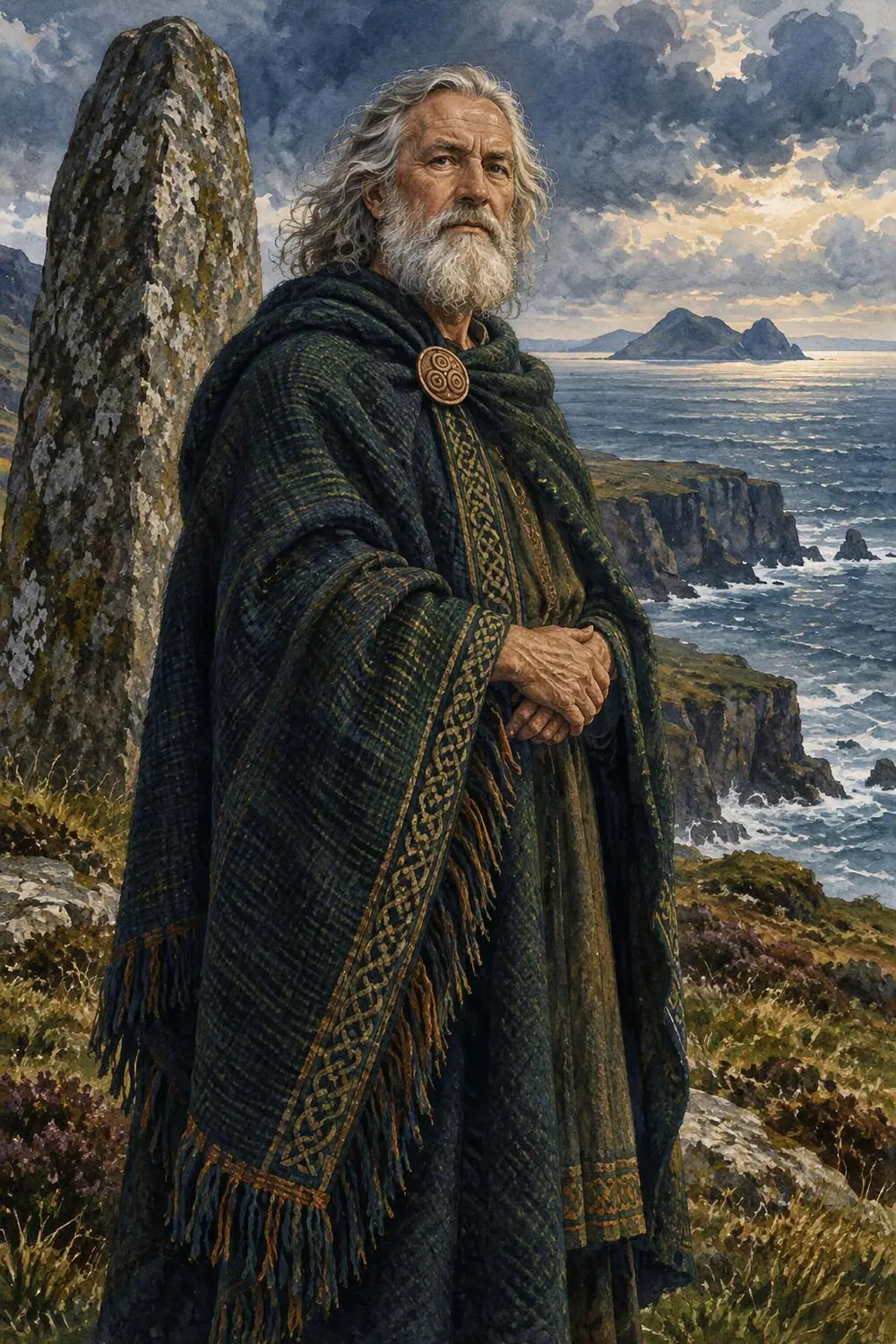 Fintan, sage de la mythologie irlandaise, devant une pierre dressée